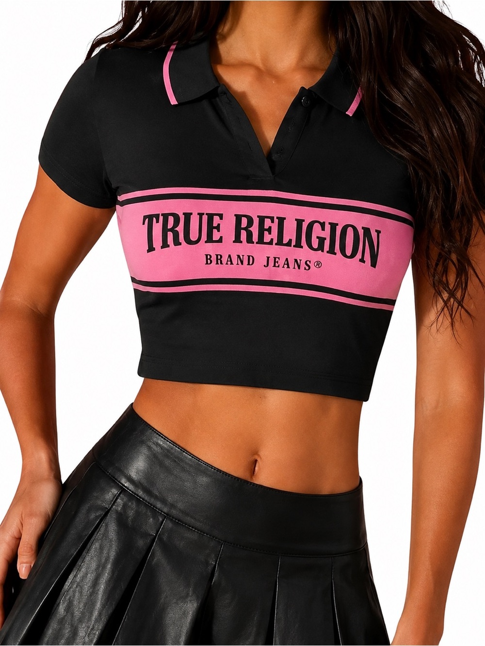 True Religion Black and Pink Cropped Polo- Large NWT
